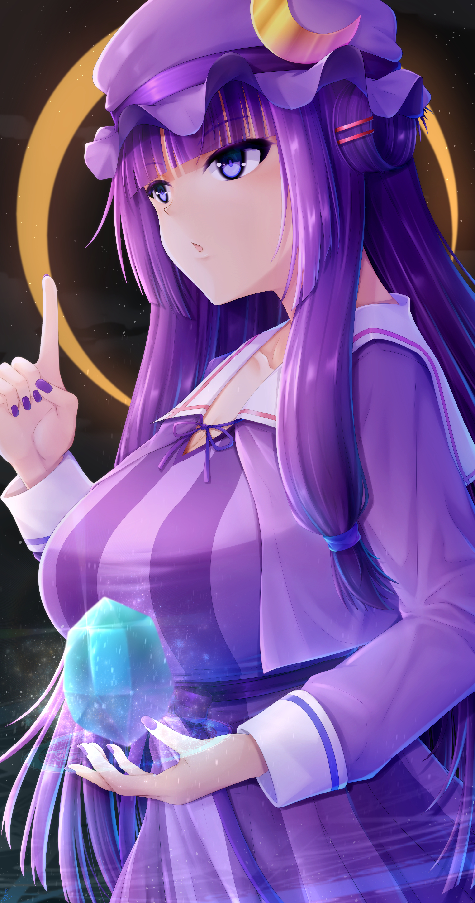 seiya (iiseven), patchouli knowledge, touhou, absurdres, highres, 1girl, blunt bangs, crescent, crescent hat ornament, crop top, crystal, dress, hat, hat ornament, long hair, purple eyes, purple hair, purple hat, purple nails, solo, striped clothes, striped dress