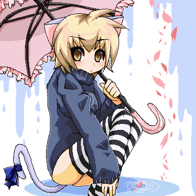 bad id, bad pixiv id, lowres, animal ears, cat ears, cat tail, oekaki, solo, striped clothes, striped thighhighs, tail, thighhighs, umbrella