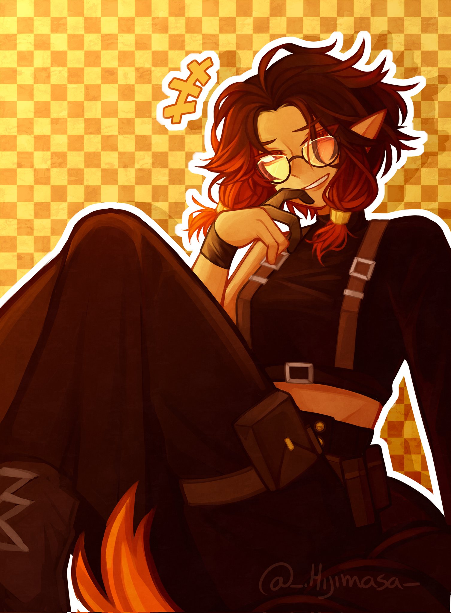 original, commentary request, commission, highres, +++, 1girl, artist name, black pants, black shirt, brown eyes, brown hair, checkered background, glasses, hand up, hijimasa, knees up, looking at viewer, medium hair, midriff, pants, parted bangs, parted lips, pointy ears, pouch, shirt, sitting, smile, solo, spanish commentary, thigh pouch, turtleneck, turtleneck shirt, yellow background