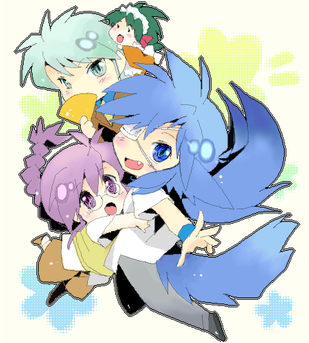 yagisaka seto, angelous lazward, follower (yagisaka seto), jochuu-san, jochuu-san's master, sovereign (yagisaka seto), original, lowres, 3boys, blue hair, chibi, eyepatch, folding fan, glasses, green hair, hand fan, male focus, multiple boys, oekaki, parody, purple hair, style parody, tail, trap