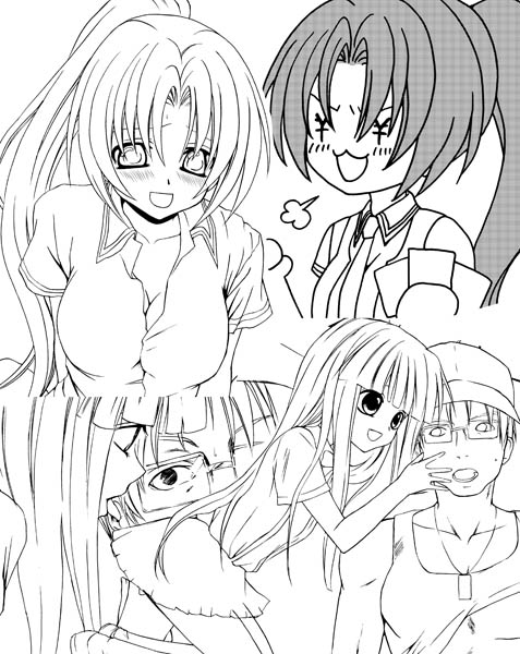 tachibana koo, furude rika, sonozaki mion, tomitake jirou, higurashi no naku koro ni, 00s, 1boy, 2girls, :d, blunt bangs, blush, breasts, breath, buttons, cleavage, collarbone, collared shirt, dress shirt, glasses, greyscale, hat, hime cut, large breasts, long hair, looking at viewer, monochrome, multiple girls, open mouth, ponytail, school uniform, shirt, simple background, smile, upper body, white background, zipper