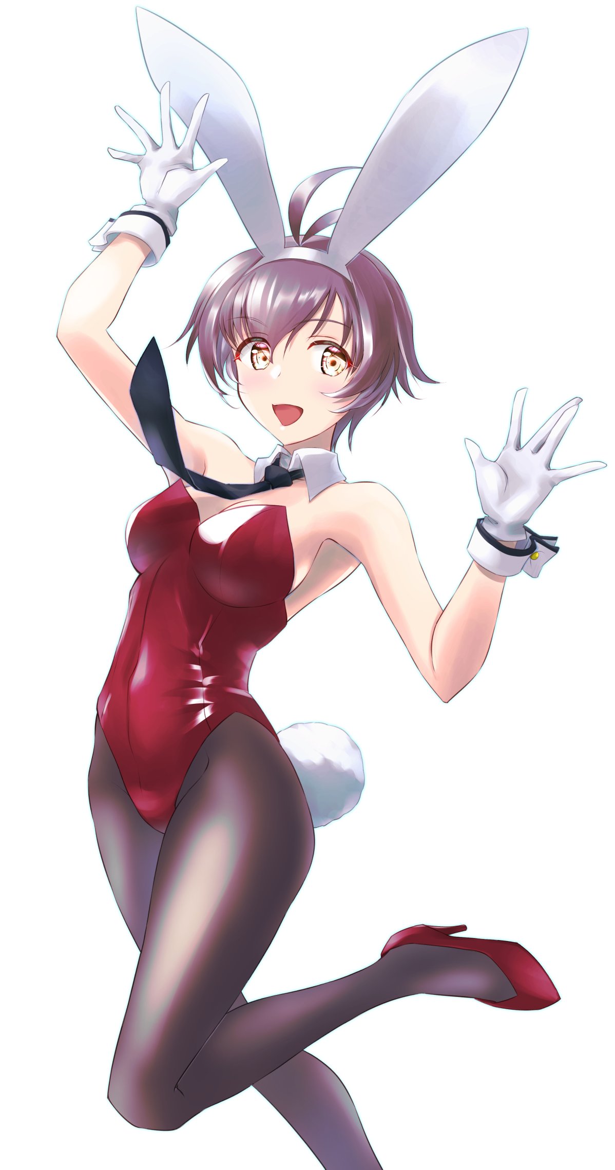 tsukasa (tukasa br), sakawa (kancolle), kantai collection, highres, 1girl, alternate costume, animal ear hairband, animal ears, antenna hair, black necktie, black pantyhose, breasts, detached collar, fake animal ears, feet out of frame, gloves, hairband, leotard, necktie, pantyhose, playboy bunny, purple hair, rabbit ears, rabbit tail, red leotard, short hair, simple background, small breasts, smile, solo, strapless, strapless leotard, tail, white background, white gloves, wrist cuffs, yellow eyes