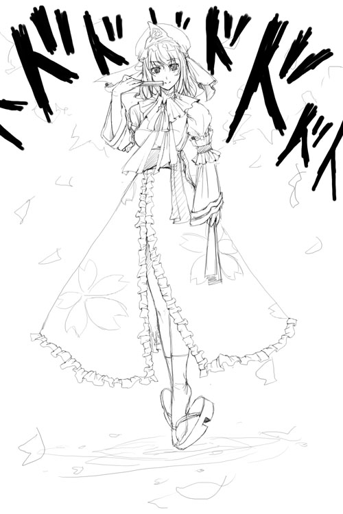 unasaka ryou, saigyouji yuyuko, touhou, 1girl, arm garter, dress, female focus, frills, full body, geta, greyscale, hat, long sleeves, looking at viewer, mob cap, monochrome, sandals, simple background, solo, triangular headpiece, white background