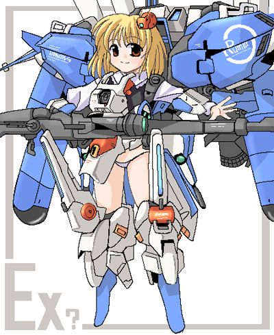 ex-s gundam, rumia, embodiment of scarlet devil, gundam, gundam sentinel, touhou, lowres, 1girl, beam rifle, blonde hair, energy gun, female focus, full body, gun, mecha musume, red eyes, solo, standing, weapon, white background