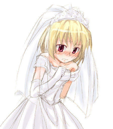 houjou satoko, higurashi no naku koro ni, 00s, 1girl, blonde hair, blush, bride, dress, elbow gloves, female focus, gloves, sketch, solo, wedding dress, white gloves
