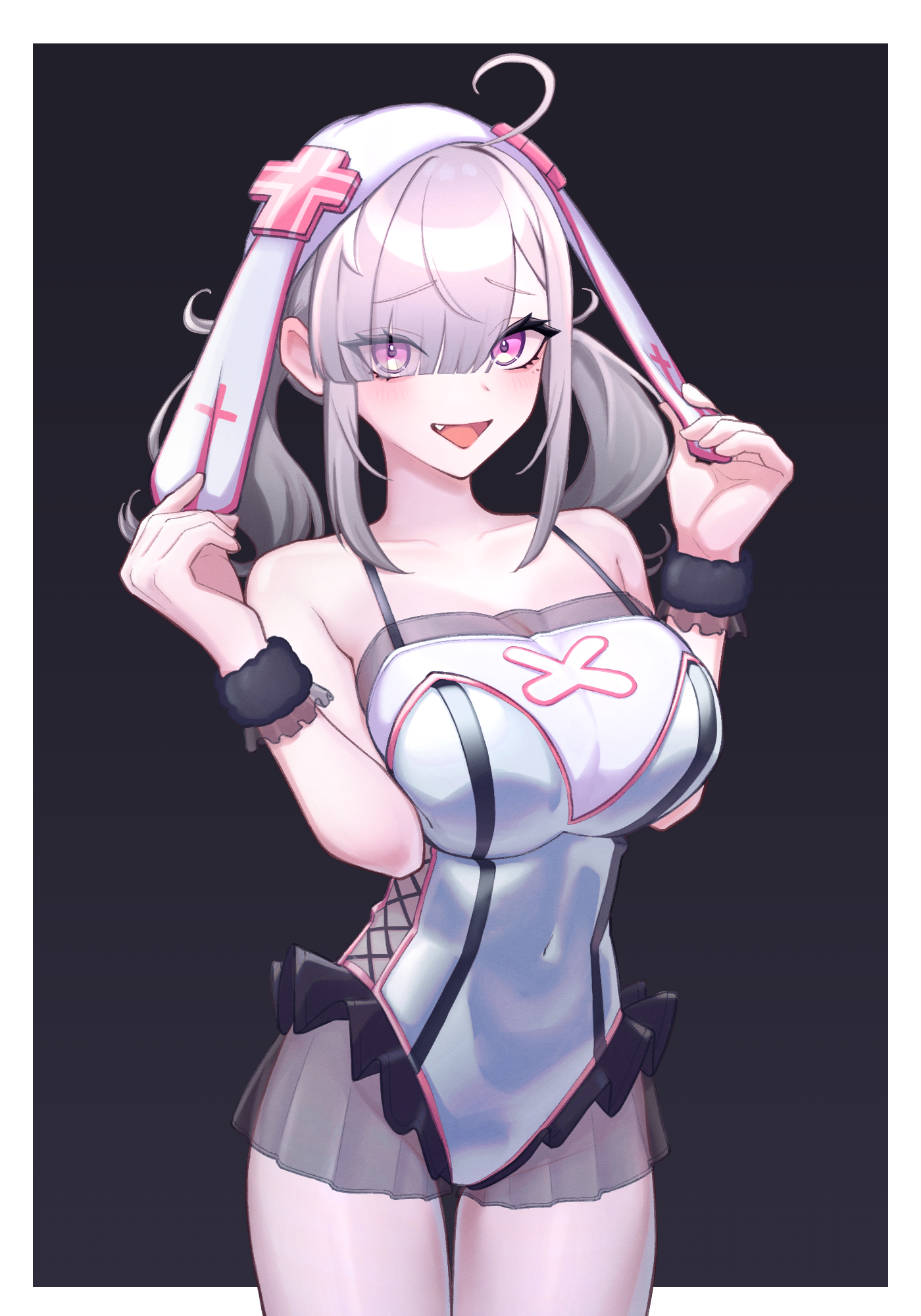 norinki (ringknightsaki), sukoya kana, nijisanji, bad id, bad twitter id, highres, 1girl, ahoge, arms up, bare shoulders, black background, black wrist cuffs, blush, border, breasts, covered navel, cross, cross print, eyes visible through hair, fang, frilled leotard, frilled wrist cuffs, frills, grey hair, groin, hair over one eye, hat, large breasts, leotard, long hair, looking at viewer, mole, mole under eye, one eye covered, open mouth, pink eyes, smile, solo, thighs, twintails, virtual youtuber, white border, white hat, white leotard, wrist cuffs