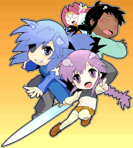 yagisaka seto, angelous lazward, follower (yagisaka seto), knight leader (yagisaka seto), rennes copal, sovereign (yagisaka seto), original, lowres, 3boys, blue hair, chibi, eyepatch, male focus, multiple boys, oekaki, parody, purple hair, style parody, sword, trap, weapon
