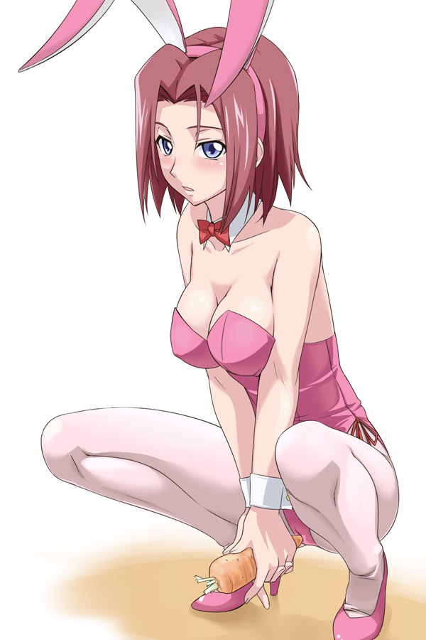 youkan, kouzuki kallen, code geass, 00s, 1girl, animal ears, blue eyes, blush, breasts, carrot, cleavage, fake animal ears, female focus, leotard, pantyhose, pink pantyhose, playboy bunny, rabbit ears, red hair, short hair, solo, squatting