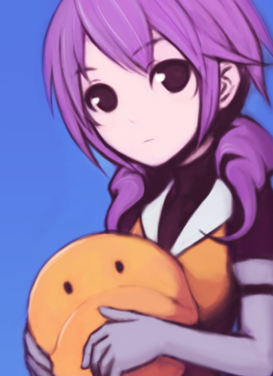 mamoru (arizona), feldt grace, haro, gundam, gundam 00, 00s, 1girl, black eyes, bodysuit, elbow gloves, female focus, gloves, holding, purple hair, simple background, solo, twintails