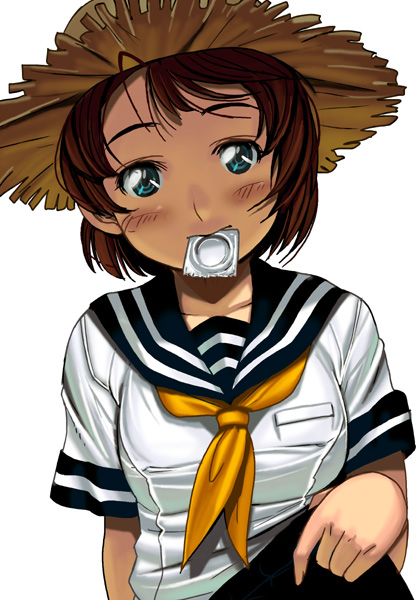 kouno (masao), 1girl, blue eyes, blush, brown hair, clothes lift, condom, condom in mouth, female focus, hat, mouth hold, school uniform, serafuku, short hair, skirt, skirt lift, solo, straw hat
