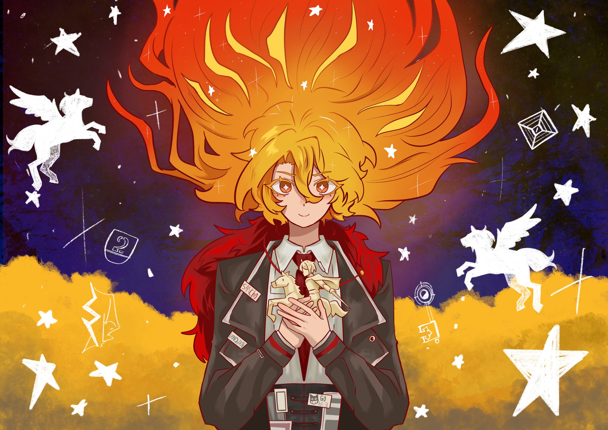 don quixote (project moon), limbus company, project moon, highres, 1girl, black suit, blonde hair, braid, carousel, cowboy shot, estrellasol 0, formal clothes, fur collar, fur trim, holding, jacket, jewelry, long hair, long sleeves, looking at viewer, necktie, red necktie, shirt, smile, solo, star (symbol), suit, upper body, white shirt