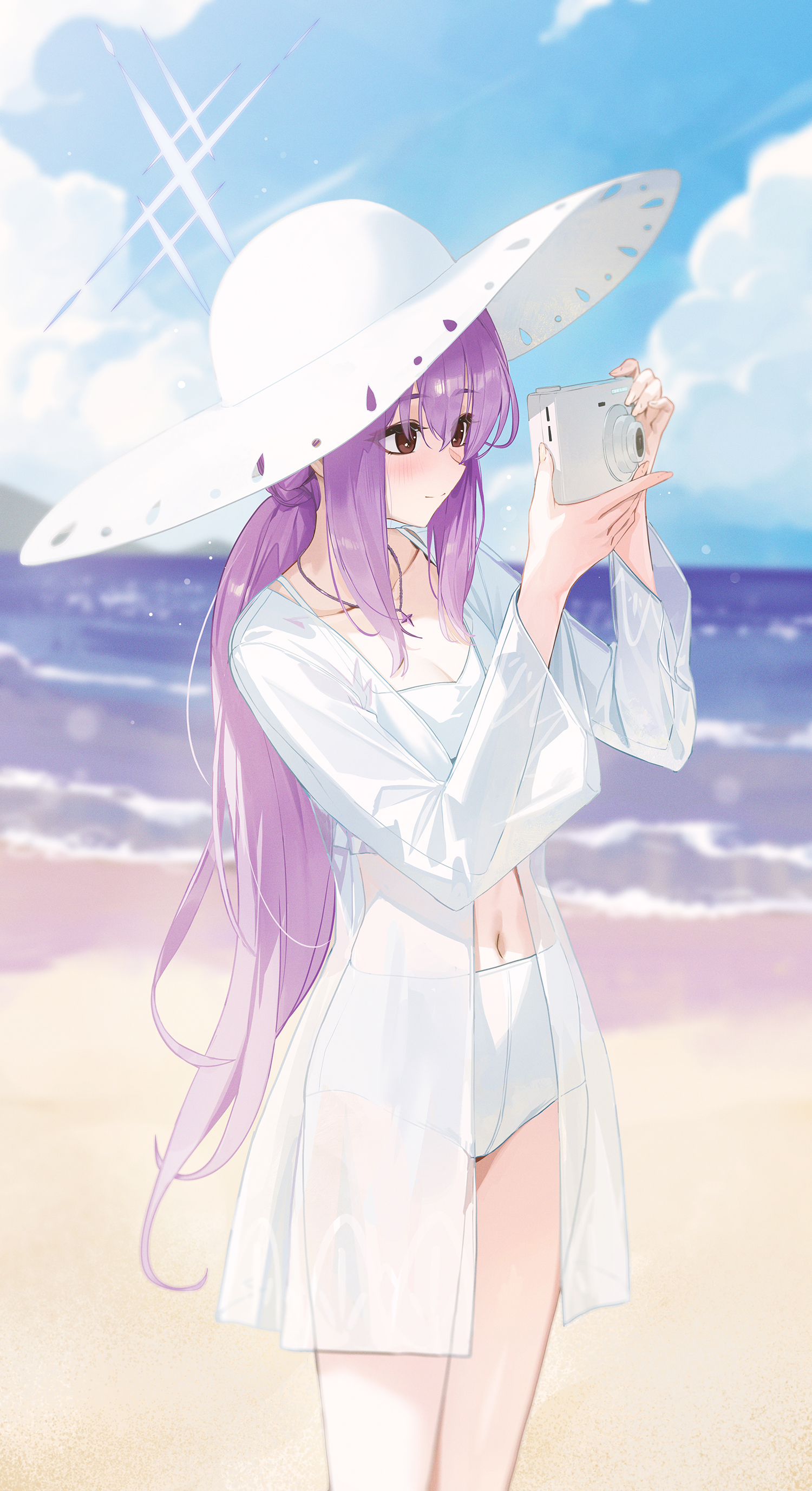 fieryonion, atsuko (blue archive), atsuko (swimsuit) (blue archive), blue archive, absurdres, highres, 1girl, bikini, blush, camera, closed mouth, hair between eyes, hat, holding, holding camera, long hair, low ponytail, midriff, navel, official alternate costume, official alternate hairstyle, open clothes, open shirt, ponytail, purple hair, red eyes, shirt, sidelocks, smile, solo, sun hat, swimsuit, white bikini, white hat, white shirt