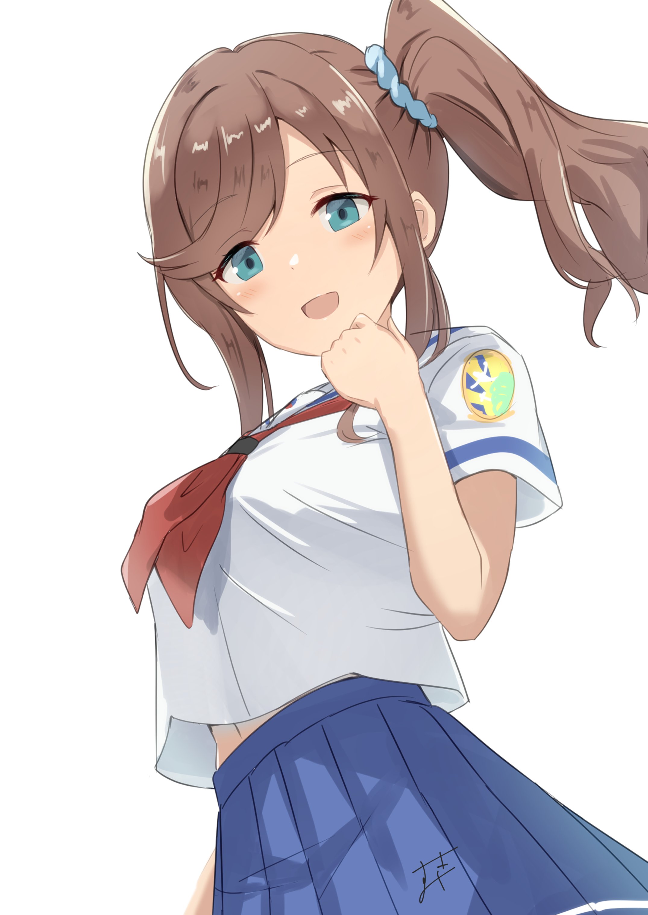 sukimizaki, ise sakura, high school fleet, absurdres, highres, 1girl, badge, blue eyes, blue skirt, breasts, brown hair, cowboy shot, long hair, looking at viewer, medium breasts, neckerchief, open mouth, pleated skirt, red neckerchief, sailor collar, school uniform, serafuku, short sleeves, side ponytail, sidelocks, simple background, skirt, smile, solo, white background, white sailor collar, yokosuka girls marine high school uniform