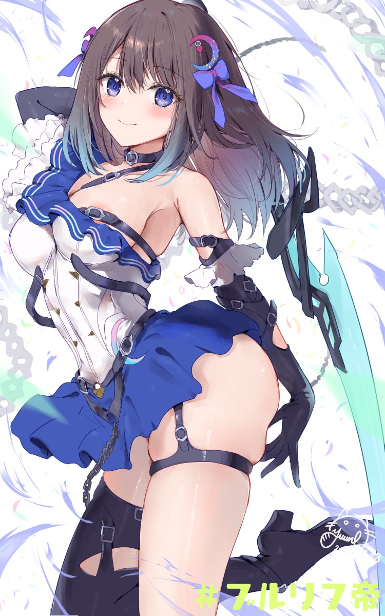 yuuri (orz commushows), kasuga shiho, blue reflection (series), blue reflection sun, highres, 1girl, black boots, black choker, black gloves, blue eyes, blue hair, blue skirt, blush, boots, bow, breasts, brown hair, choker, closed mouth, covered erect nipples, elbow gloves, gloves, hair bow, hair ornament, holding, holding sword, holding weapon, long hair, looking at viewer, medium breasts, shirt, single bare shoulder, single thigh boot, skirt, smile, solo, sword, thigh boots, thigh strap, torn clothes, weapon, white shirt