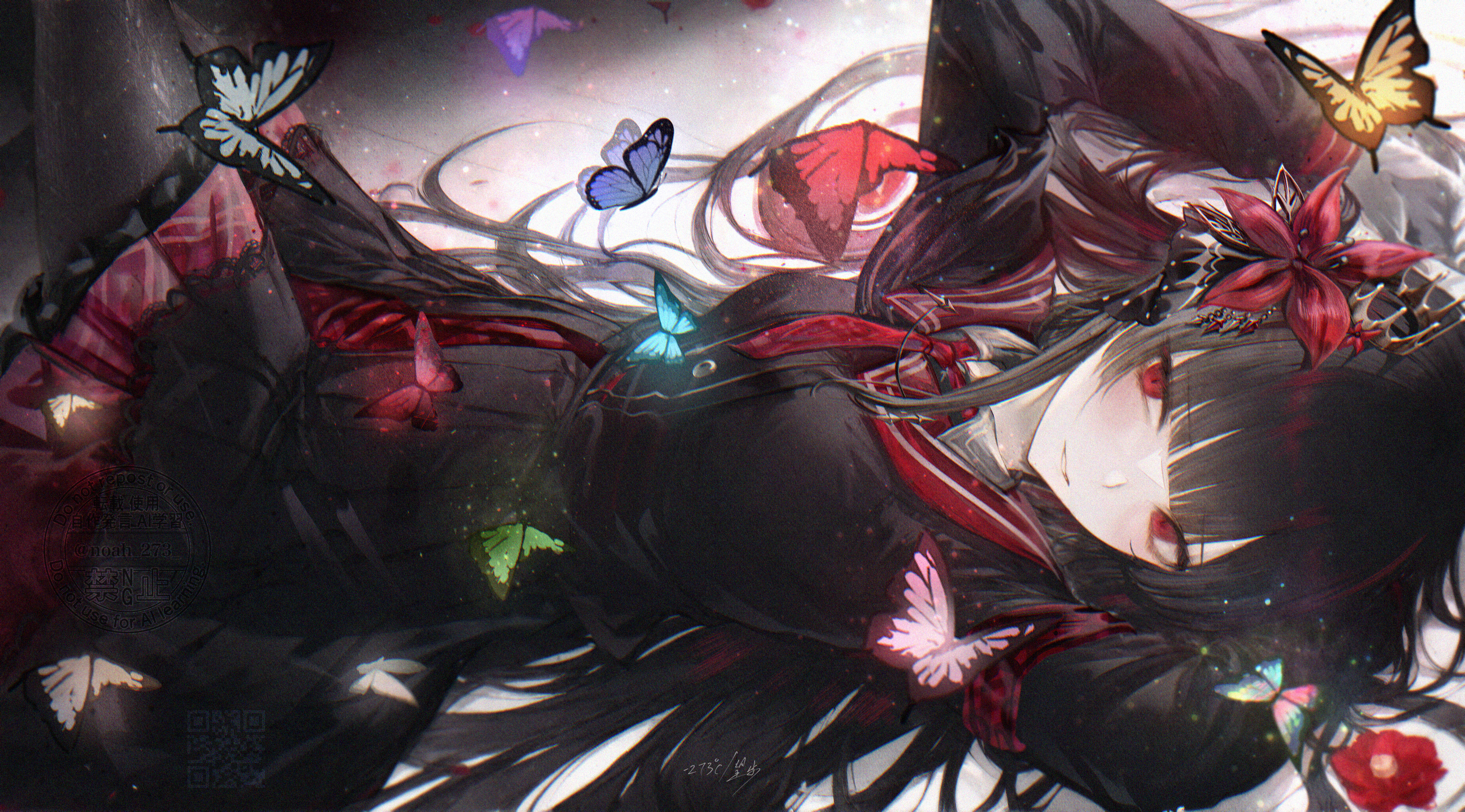 renoahh, nikaidou hiro, mahou shoujo no majo saiban, absurdres, highres, 1girl, black pantyhose, black shirt, blunt bangs, blush, bug, butterfly, collar, flower, hair flower, hair ornament, insect, long hair, looking at viewer, lying, necktie, on back, pantyhose, parted lips, red collar, red eyes, red flower, red necktie, red skirt, shirt, sidelocks, skirt, smile, solo