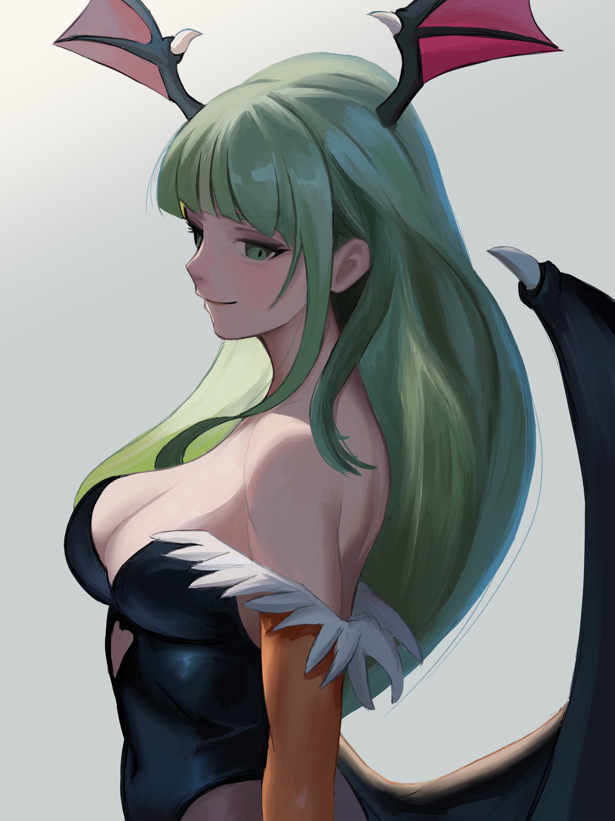 hyakka (momokashinryu14), morrigan aensland, darkstalkers, absurdres, highres, 1girl, black leotard, blunt bangs, breasts, bridal gauntlets, cleavage, closed mouth, demon wings, green eyes, green hair, head wings, leotard, long hair, smile, solo, strapless, strapless leotard, upper body, wings
