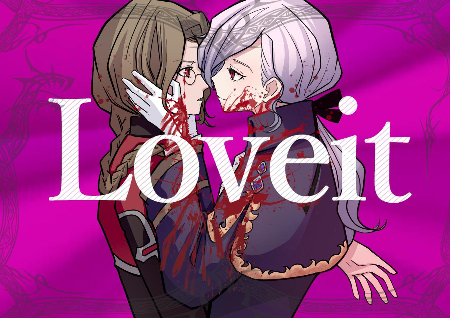edmond dantes (fate), edmond dantes (monte cristo uniform) (fate), michael roa valdamjong, tarantella (fate), fate/grand order, fate (series), 2boys, blonde hair, blood, blood on clothes, blood on face, blush, braid, braided ponytail, english text, formal clothes, from side, gloves, hair between eyes, hand on another's face, hand on another's head, imminent kiss, long hair, looking at another, male focus, multiple boys, paiwai zengwu, ponytail, priest, red eyes, smile, upper body, white gloves, yaoi