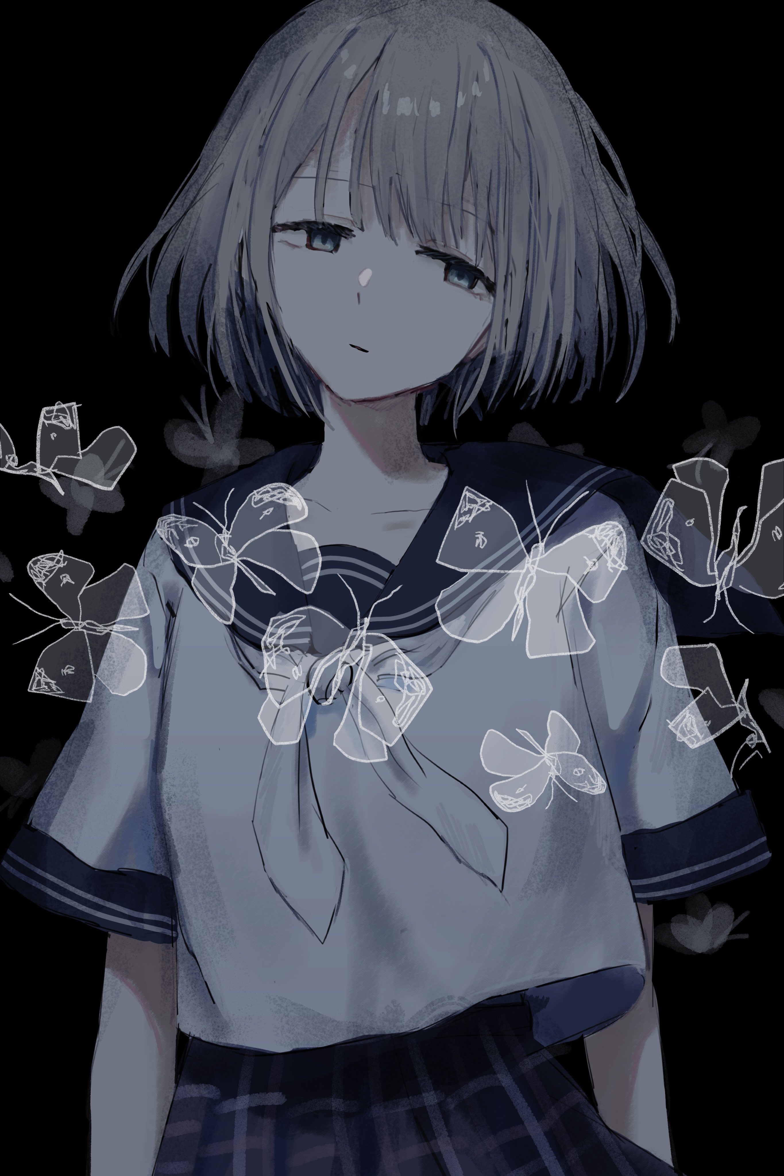 numune, serizawa asahi, idolmaster, idolmaster shiny colors, absurdres, commentary, highres, symbol-only commentary, 1girl, black background, blank stare, blue eyes, blue sailor collar, blue skirt, bug, butterfly, closed mouth, collarbone, cowboy shot, expressionless, grey hair, half-closed eyes, insect, neckerchief, plaid clothes, plaid skirt, sailor collar, school uniform, serafuku, short hair, short sleeves, skirt, solo, straight-on, white neckerchief, white serafuku