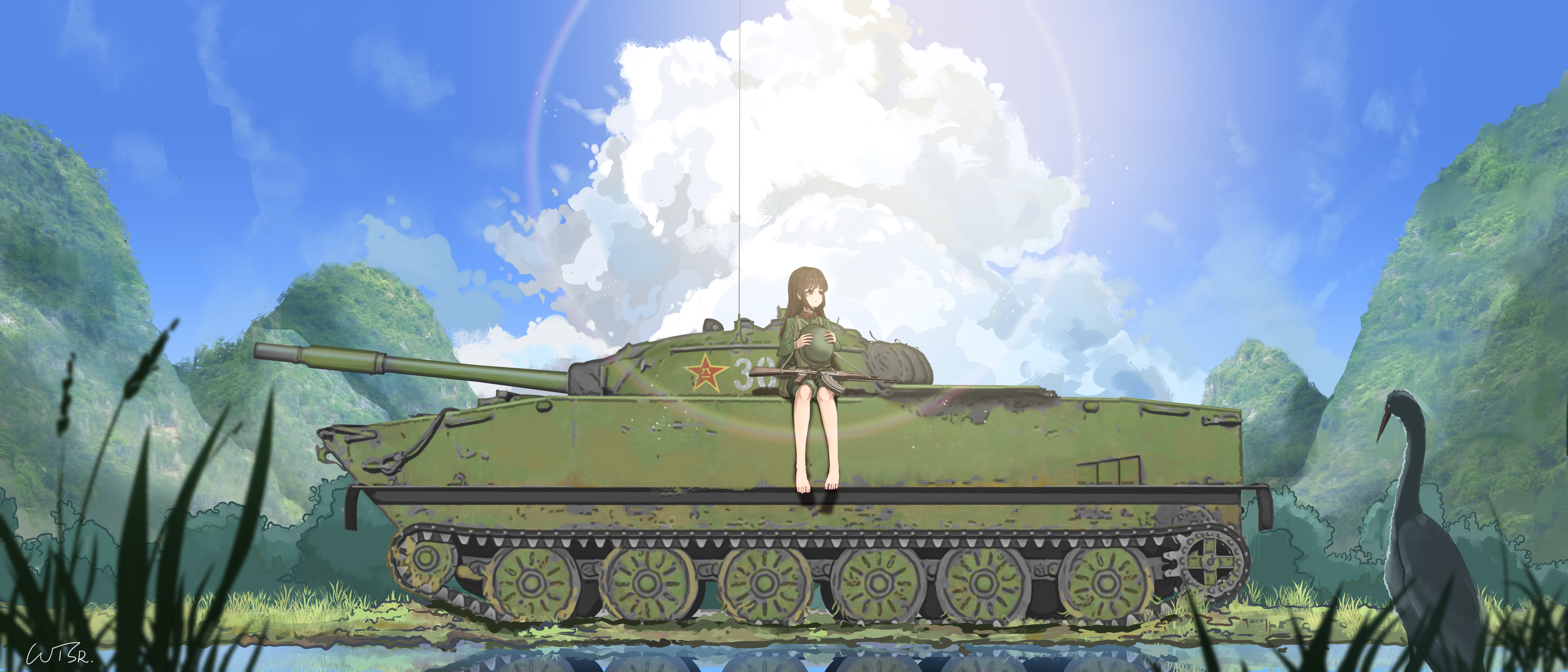 whenthesunrise, original, absurdres, chinese commentary, highres, 1girl, ammunition pouch, amphibious vehicle, assault rifle, barefoot, bird, blue sky, brown eyes, brown hair, bush, caterpillar tracks, china, cloud, collar tabs, egret (animal), grass, green jacket, green pants, gun, gun sling, helmet, holding headgear, jacket, kalashnikov rifle, lens flare, load bearing equipment, long hair, looking to the side, military combat uniform, military uniform, military vehicle, motor vehicle, mountain, on tank, pants, pants rolled up, people's liberation army, people's liberation army ground force, pouch, red star, reflection, reflective water, rifle, river, riverbank, sidelocks, signature, sitting, sky, star (symbol), sunlight, tank, type 56 assault rifle, type 63 tank, unworn headwear, unworn helmet, water, weapon