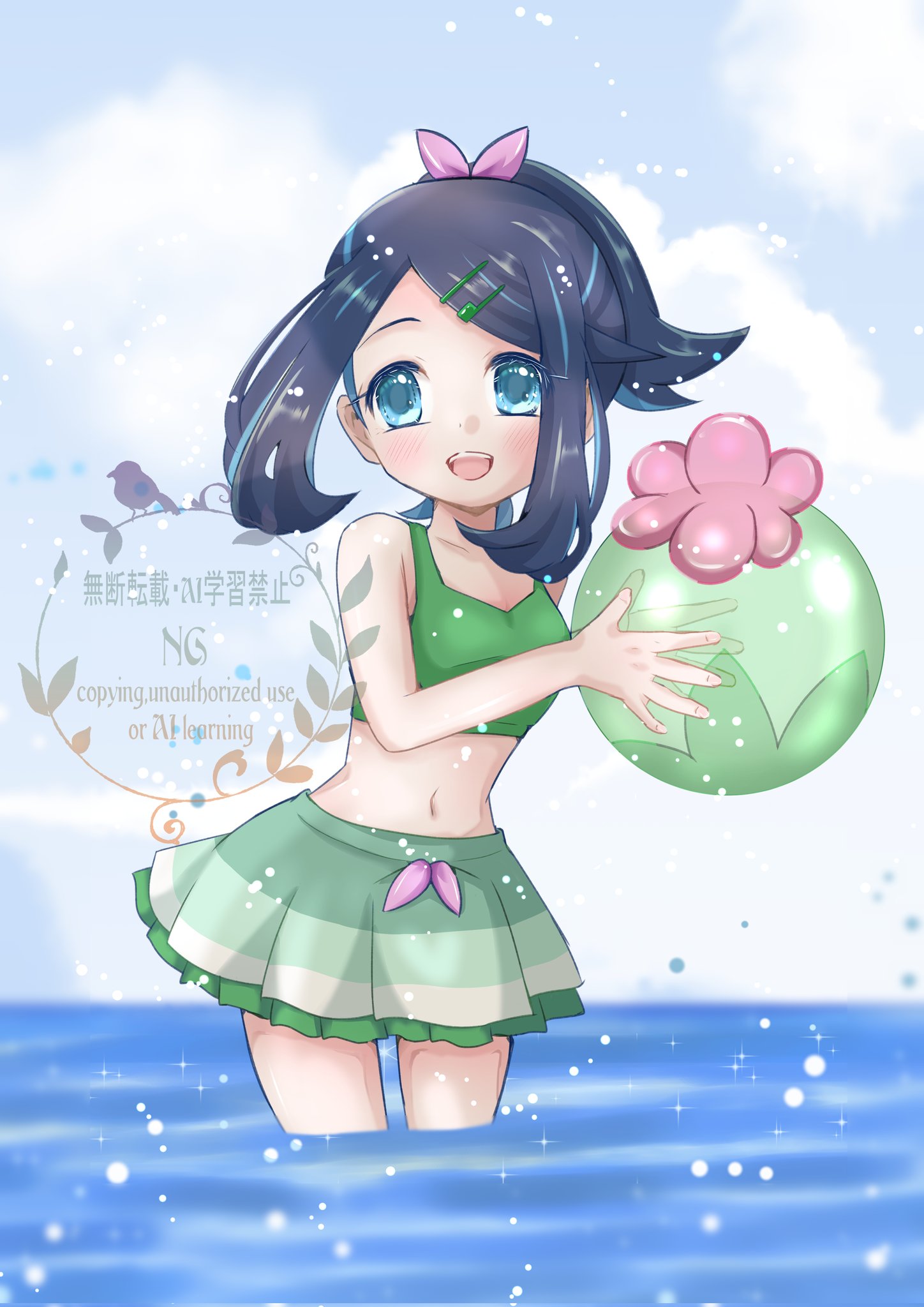 kalukantan, liko (pokemon), nintendo, pokemon, pokemon (anime), pokemon horizons, highres, 1girl, alternate costume, ball, beachball, bikini, bikini skirt, black hair, blue eyes, blue hair, blue sky, blush, bow, cloud, cowlick, green bikini, hair bow, hair ornament, hairclip, holding, holding ball, holding beachball, looking at viewer, midriff, multicolored hair, navel, ocean, open mouth, outdoors, pink bow, sky, smile, swimsuit, teeth, water