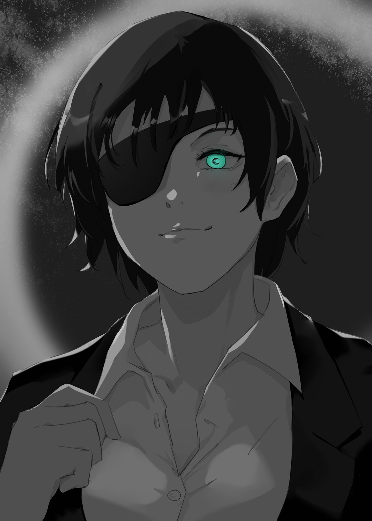 vii (joshuayuen), himeno (chainsaw man), chainsaw man, commentary request, highres, 1girl, blue eyes, buttons, closed mouth, collared shirt, eyepatch, greyscale, jacket, looking at viewer, monochrome, shirt, short hair, solo, spot color, upper body