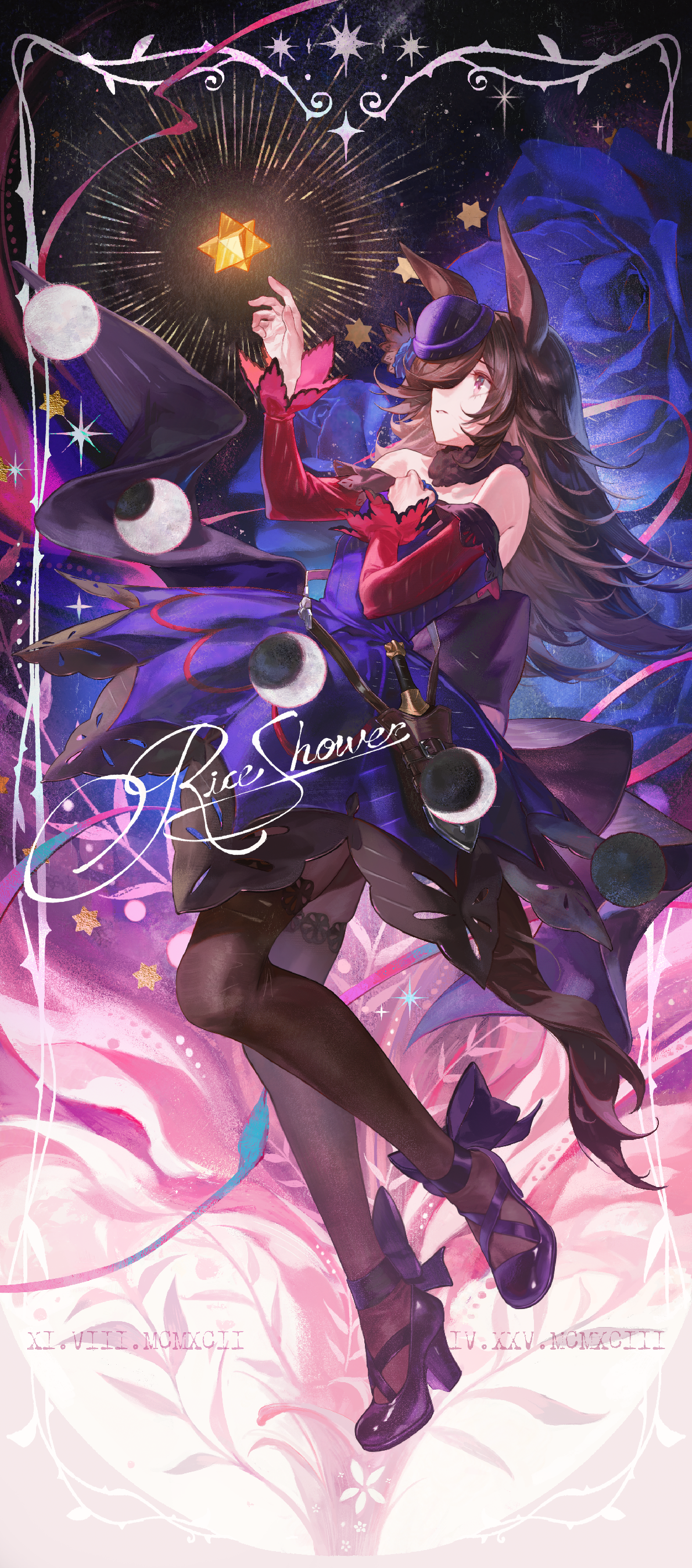 daniel deng, rice shower (umamusume), umamusume, absurdres, commentary, highres, 1girl, animal ears, bare shoulders, blue flower, blue rose, brown hair, brown pantyhose, character name, detached collar, flower, hand up, hat, horse ears, horse girl, horse tail, long hair, looking up, pantyhose, parted lips, purple hat, purple shoes, red sleeves, rose, shoes, solo, spiked hair, tail