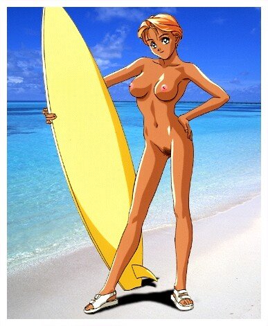 azato miwa, zenkoku seifuku bishoujo grand prix, lowres, 1girl, beach, breasts, dark-skinned female, dark skin, female focus, female pubic hair, nude, ocean, outdoors, pubic hair, pussy, sandals, solo, standing, surfboard, water