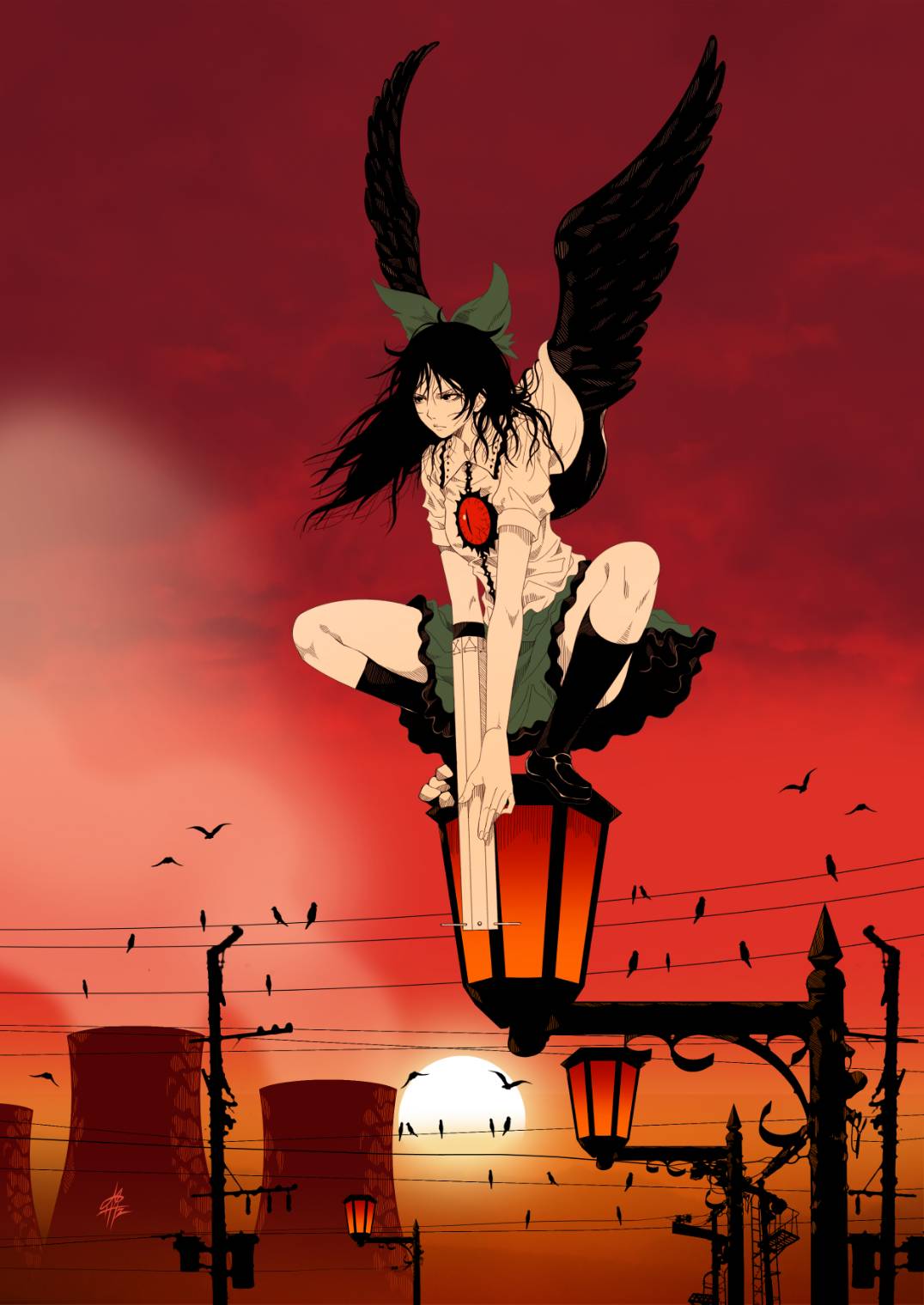yamada satoshi, reiuji utsuho, touhou, highres, 1girl, arm cannon, black hair, black wings, bow, dusk, feathered wings, green bow, green skirt, long hair, looking to the side, outdoors, serious, shirt, skirt, solo, squatting, weapon, white shirt, wings
