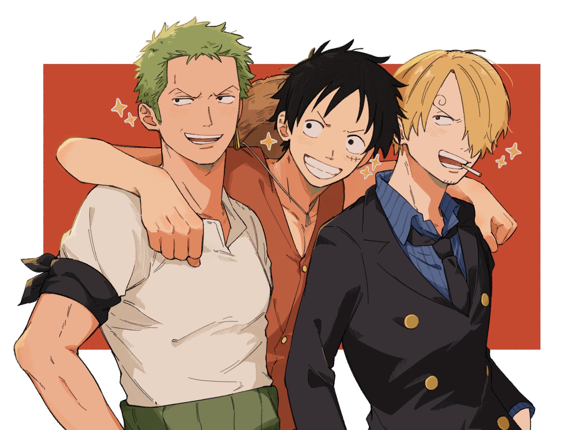 iqracha, monkey d. luffy, roronoa zoro, sanji (one piece), one piece, commentary, highres, symbol-only commentary, 3boys, arm around shoulder, black hair, black jacket, black necktie, blonde hair, collared shirt, curly eyebrows, earrings, green hair, hat on back, jacket, jewelry, long sleeves, male focus, multiple boys, necktie, scar, scar on face, shirt, short hair, sideburns, upper body