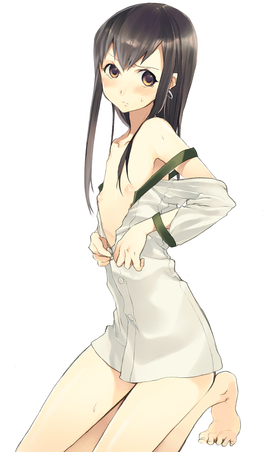 kaimuari, koga norio, narutaru, bad id, bad pixiv id, highres, 1boy, bad anatomy, bad feet, barefoot, black hair, blush, bottomless, brown eyes, earrings, feet, flat chest, jewelry, long hair, male focus, open clothes, open shirt, poorly drawn, shirt, shota, simple background, solo, sweatdrop, trap, undressing, white background