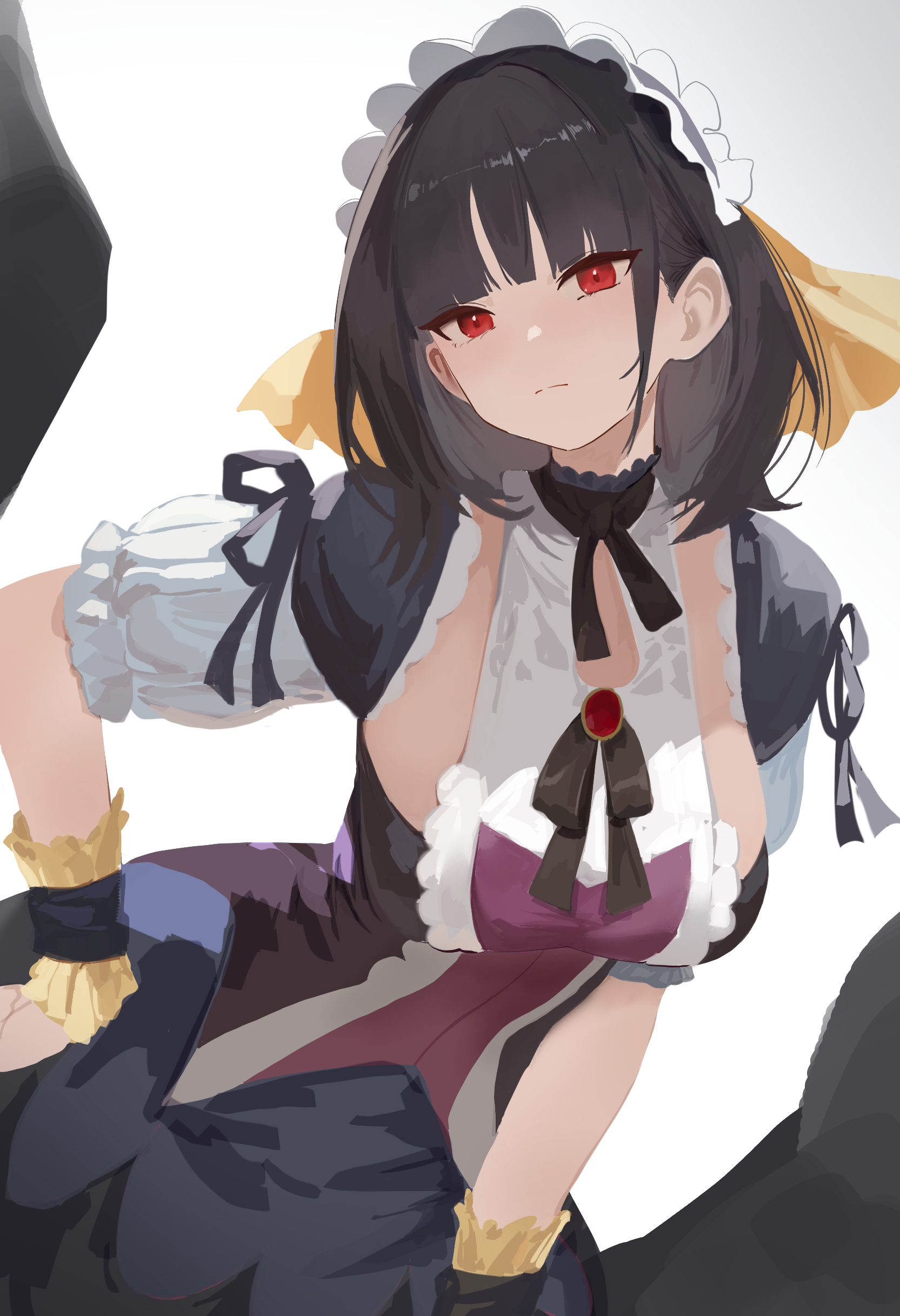 nbee ya, underworld goddess of the closed world, yu-gi-oh!, absurdres, highres, 1girl, black dress, black hair, bonnet, breasts, dress, duel monster, expressionless, frilled sleeves, frills, hand on own hip, large breasts, leaning, medium hair, red eyes, short sleeves, sketch, solo, wrist cuffs