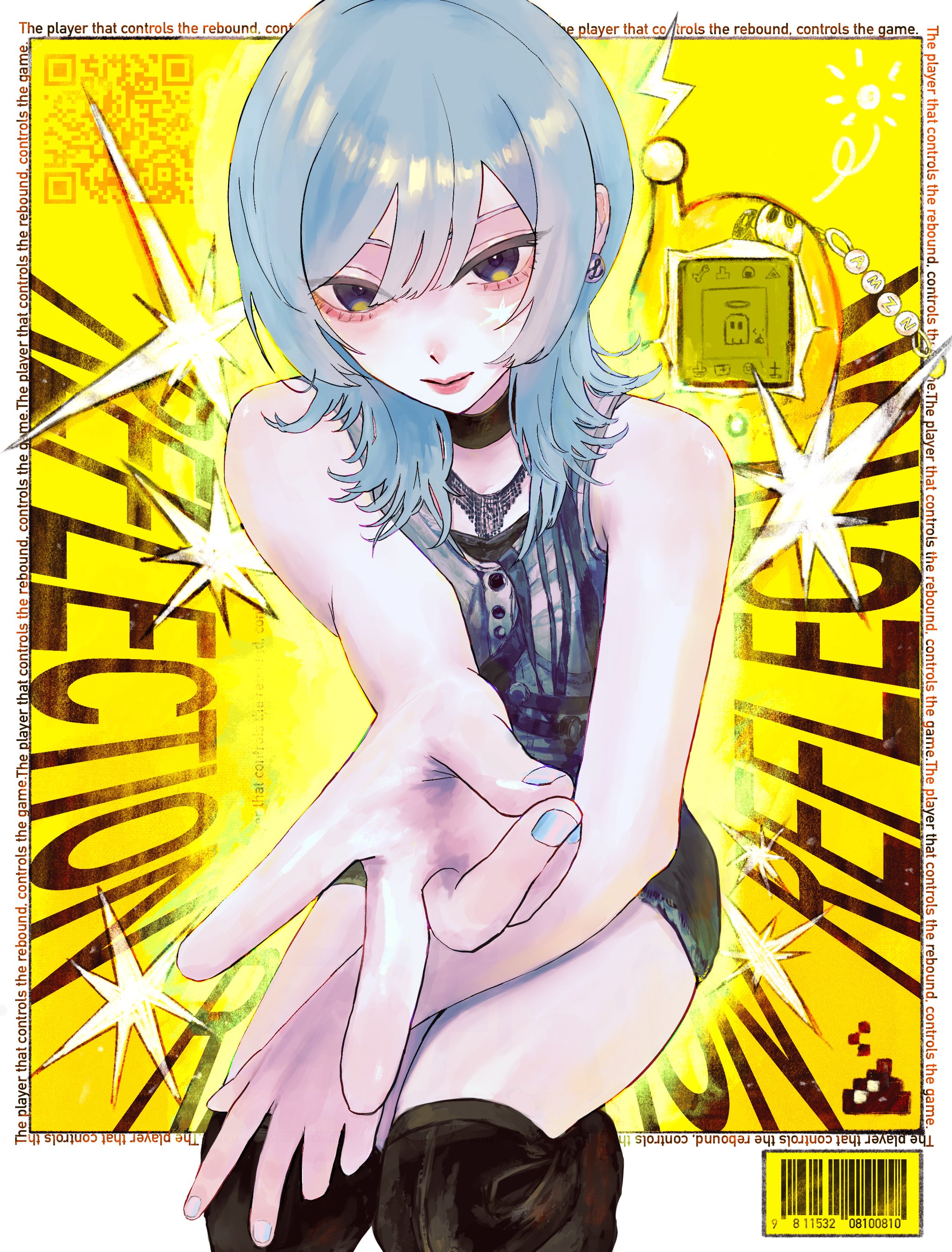 lui n24, original, tamagotchi, absurdres, commentary, english commentary, highres, 1girl, barcode, bare shoulders, blue dress, blue hair, blue nails, border, breasts, closed mouth, dress, earrings, english text, eyeshadow, facial mark, feet out of frame, gradient eyes, hair between eyes, jewelry, lips, looking at viewer, makeup, medium breasts, multicolored eyes, necklace, nose, outside border, purple eyes, qr code, solo, sparkle, sparkling aura, star (symbol), star facial mark, thighs, v, white border, yellow background