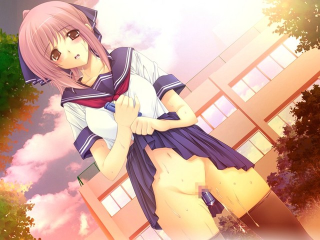 iizuki tasuku, kirihara mana, temptation, temptation h, game cg, third-party source, 1girl, blush, censored, clothes lift, dildo, discreet vibrator, egg vibrator, exhibitionism, female focus, flashing, lifting own clothes, mosaic censoring, no panties, nude, outdoors, pink eyes, pink hair, public indecency, public vibrator, pussy, pussy juice, school uniform, serafuku, sex toy, skirt, skirt lift, solo, thighhighs, vibrator, zettai ryouiki