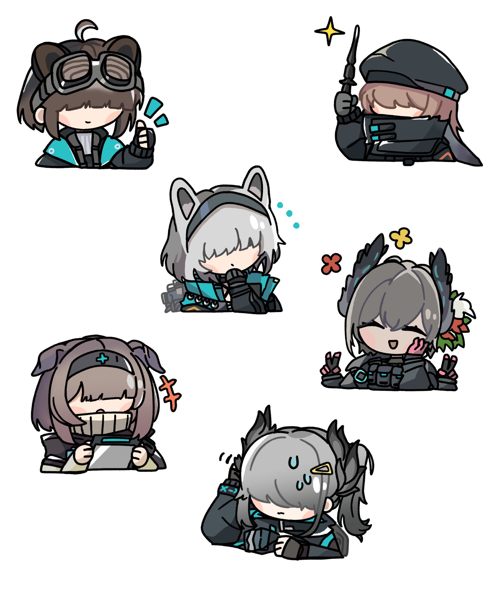 banbon, raidian (arknights), reserve operator caster (arknights), arknights, character request, highres, 6+girls, animal ears, beret, bird girl, blush stickers, closed eyes, extra arms, flower, goggles, goggles on head, hair flower, hair ornament, hair over eyes, hairband, hairclip, hat, holding, holding wand, multiple girls, rabbit ears, rabbit girl, reserve operator guard (arknights), reserve operator medic (arknights), reserve operator specialist (arknights), simple background, sweatdrop, wand, white background