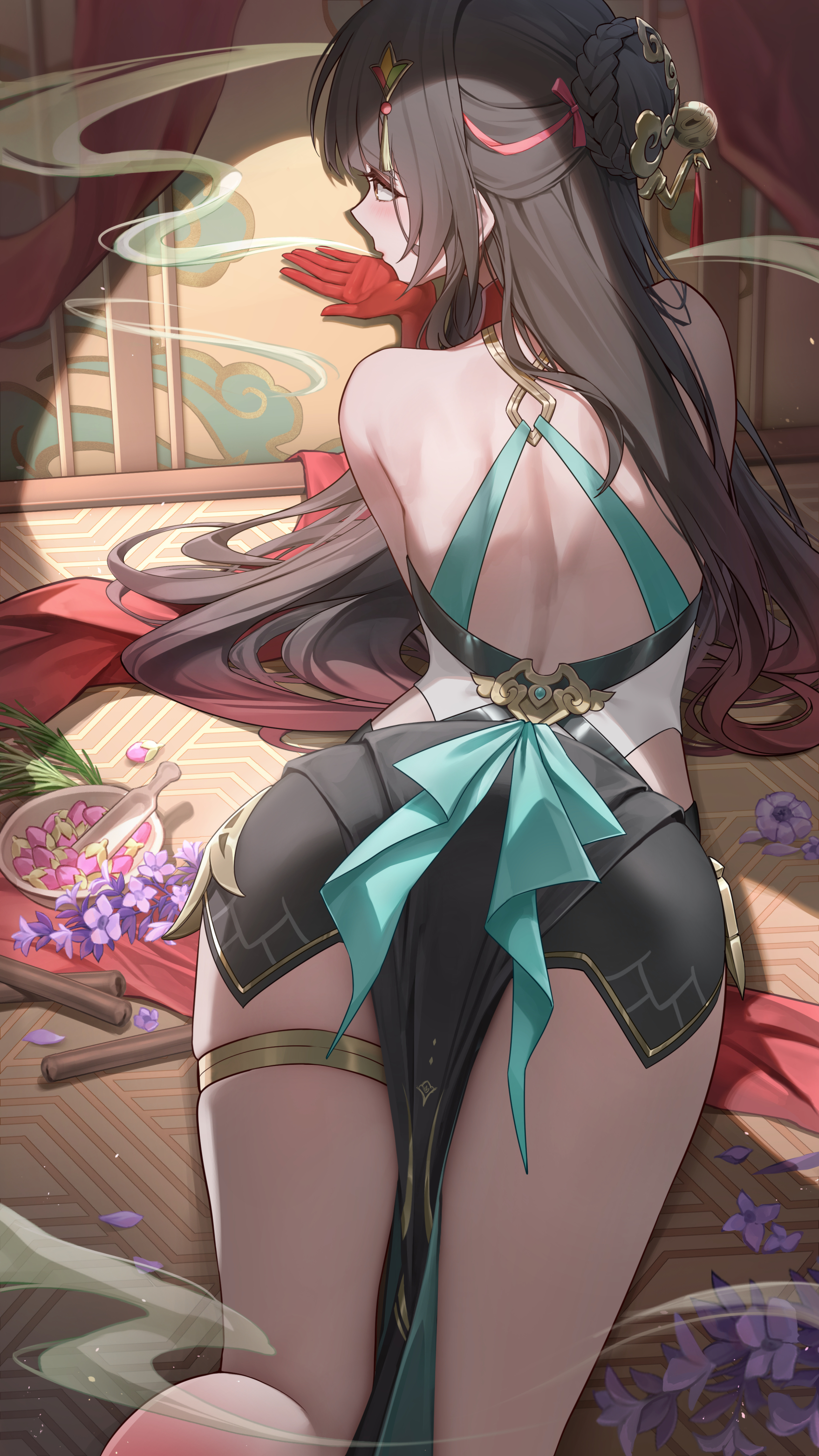 lunacle, lingsha (honkai: star rail), honkai: star rail, honkai (series), absurdres, highres, 1girl, ass, back, backless outfit, black hair, blush, brown hair, colored extremities, colored tips, from behind, gold thighlet, gradient skin, hair spread out, long hair, looking ahead, lying, multicolored hair, on stomach, red hair, red hands, solo, spotlight, thighs