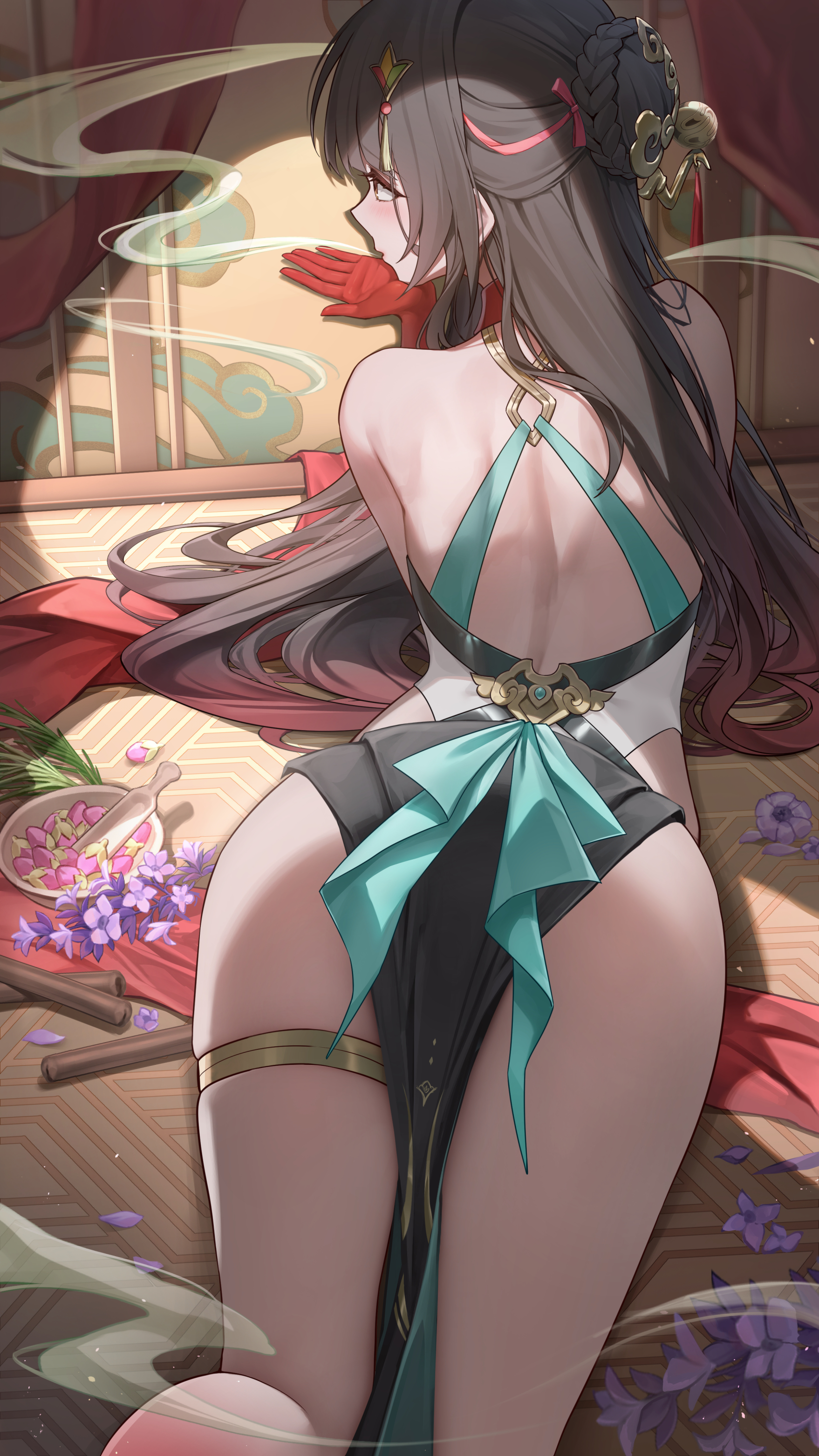 lunacle, lingsha (honkai: star rail), honkai: star rail, honkai (series), absurdres, highres, 1girl, ass, back, backless outfit, black hair, blush, brown hair, colored extremities, colored tips, from behind, gold thighlet, gradient skin, hair spread out, long hair, looking ahead, lying, multicolored hair, on stomach, red hair, red hands, solo, spotlight, thighs