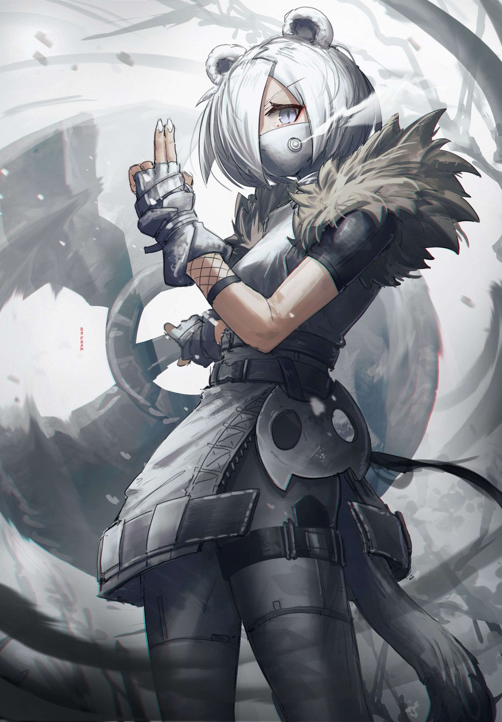 franlol, fuuma shuriken, shirayuki (arknights), shirayuki (wind of breaking blade) (arknights), arknights, absurdres, commentary, english commentary, highres, 1girl, animal ears, blue eyes, fingerless gloves, fishnet sleeves, fishnets, fur trim, gloves, hair over one eye, holding, holding shuriken, holding weapon, looking at viewer, mask, mesh, mouth mask, ninja mask, official alternate costume, short hair, short sleeves, shuriken, solo, steam, stoat girl, tail, weapon, weasel ears, weasel girl, weasel tail, white gloves, white hair, white mask, white nails, white theme