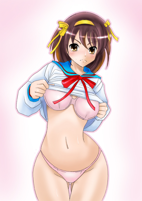 kishida-shiki, suzumiya haruhi, suzumiya haruhi no yuuutsu, 00s, 1girl, bra, brown hair, female focus, hip focus, lingerie, panties, school uniform, serafuku, short hair, solo, underwear, undressing, wide hips