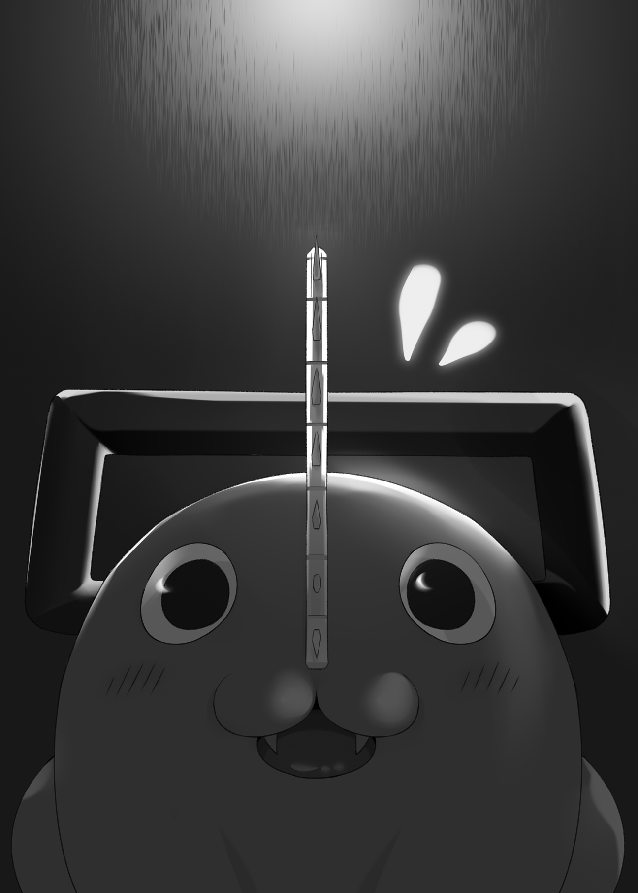 vii (joshuayuen), pochita (chainsaw man), chainsaw man, commentary request, highres, blush, fangs, flying sweatdrops, greyscale, looking at viewer, monochrome, no humans, open mouth, solo, straight-on