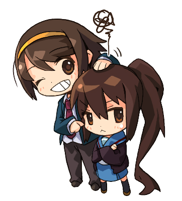 ran system, kyonko, suzumiya haruhiko, suzumiya haruhi no yuuutsu, bad id, bad pixiv id, lowres, 00s, 1boy, 1girl, genderswap, genderswap (ftm), genderswap (mtf), ponytail, school uniform, serafuku