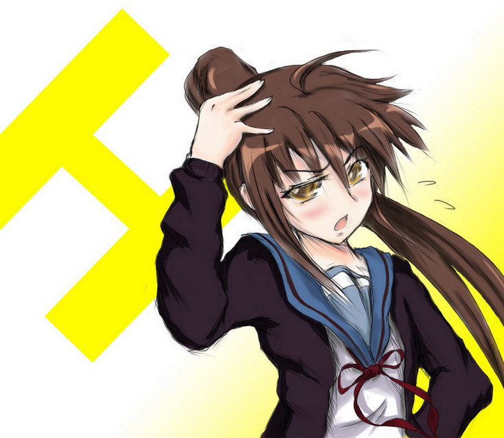 yaruku, kyonko, suzumiya haruhi no yuuutsu, gender request, 00s, 1girl, ahoge, blush, brown eyes, brown hair, cardigan, female focus, genderswap, h (letter), long hair, ponytail, school uniform, serafuku, solo