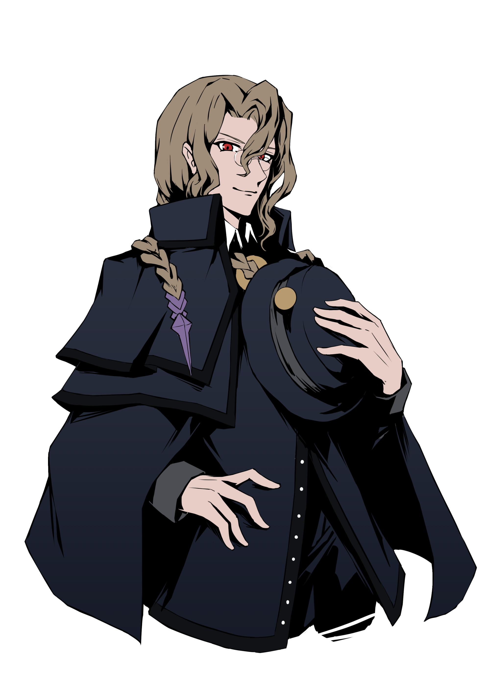 edmond dantes (fate), michael roa valdamjong, tarantella (fate), fate/grand order, fate (series), absurdres, highres, 1boy, blonde hair, braid, braided ponytail, cloak, cosplay, edmond dantes (fate) (cosplay), fedora, formal clothes, glasses, hair between eyes, hat, long coat, looking at viewer, male focus, paiwai zengwu, ponytail, red eyes, sleeve cuffs