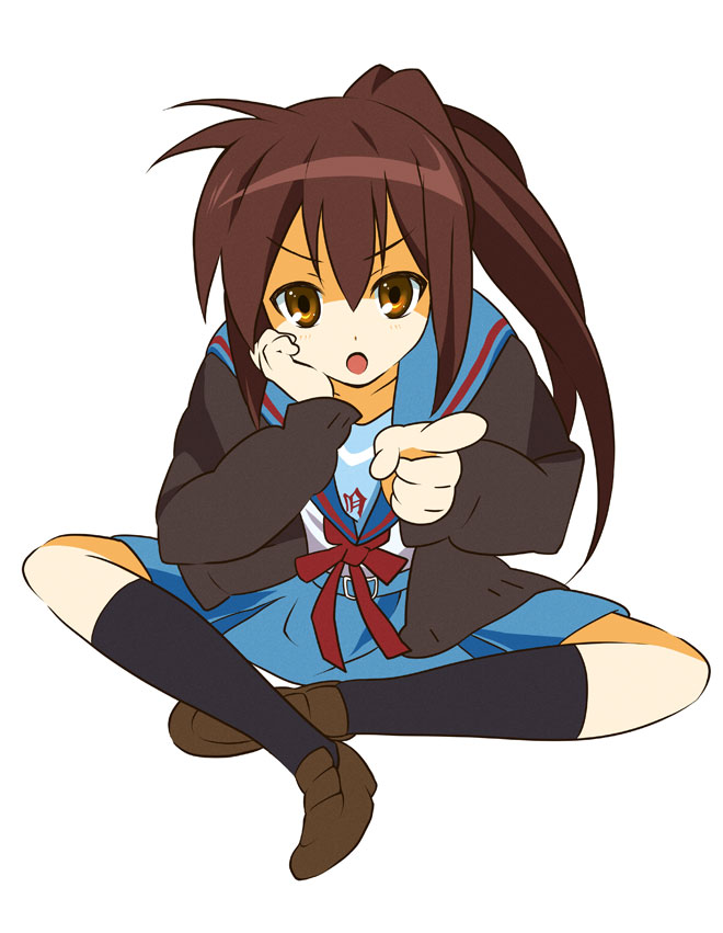 otonashi matsuri, kyonko, suzumiya haruhi no yuuutsu, 00s, 1girl, black socks, female focus, genderswap, genderswap (mtf), kneehighs, pointing, ponytail, school uniform, serafuku, socks, solo
