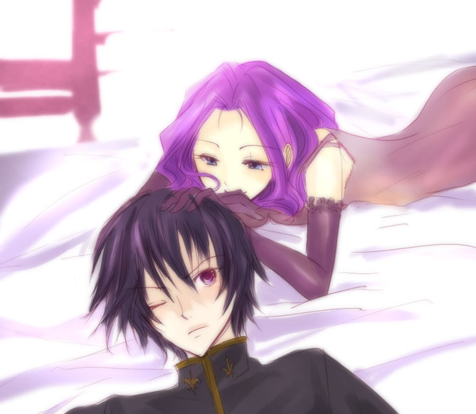 cornelia li britannia, lelouch vi britannia, code geass, 00s, bed, brother and sister, dress, elbow gloves, gloves, purple eyes, purple hair, siblings