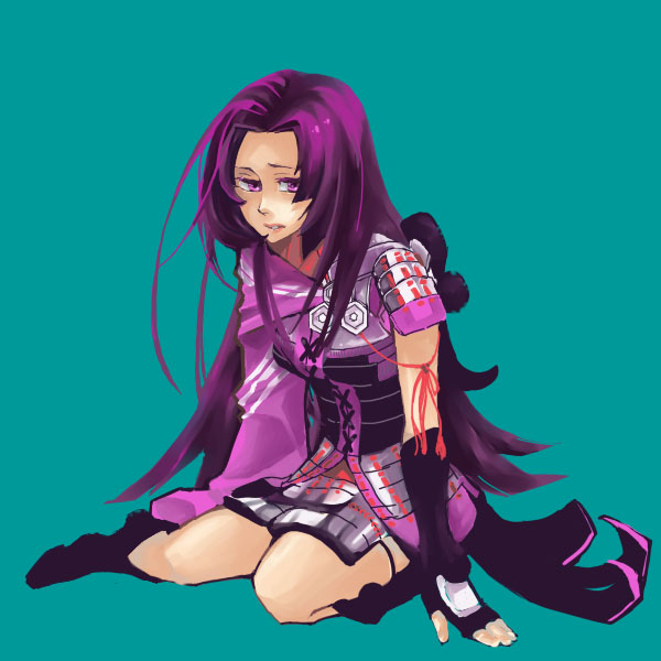 keidoro143, oichi, oichi (sengoku basara), sengoku basara, bad id, bad pixiv id, 00s, 1girl, armor, female focus, japanese clothes, long hair, purple eyes, purple hair, sitting, solo