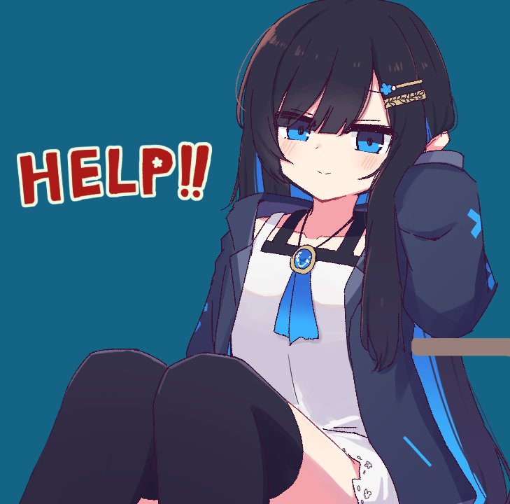 hibino 000, futaba minato, cevio, commentary, 1girl, asymmetrical sidelocks, blue background, blue eyes, blue jacket, blush, closed mouth, dress, feet out of frame, hair ornament, hairclip, hand up, help, jacket, knees up, long sleeves, looking at viewer, open clothes, open jacket, sidelocks, simple background, sitting, smile, solo, white dress