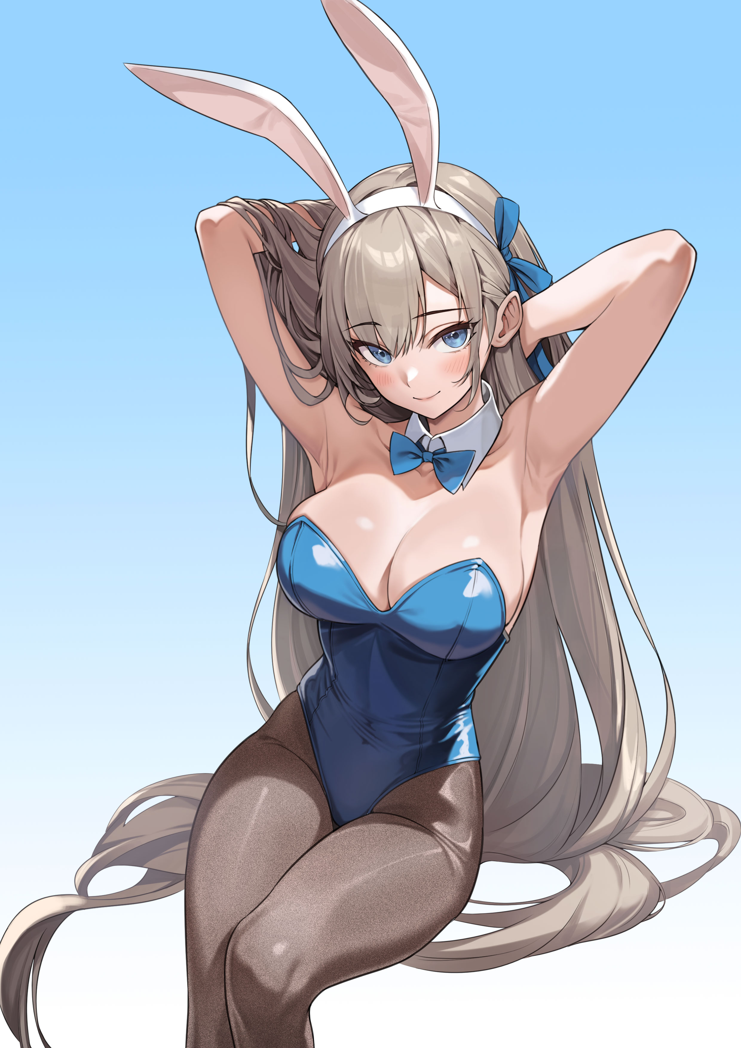 beida53878791, asuna (blue archive), asuna (bunny) (blue archive), blue archive, absurdres, highres, 1girl, animal ear hairband, animal ears, arms behind head, black pantyhose, blue background, blue bow, blue bowtie, blue leotard, bow, bowtie, breasts, cleavage, detached collar, fake animal ears, feet out of frame, gray hairband, hairband, invisible chair, large breasts, leotard, long hair, pantyhose, playboy bunny, rabbit ears, sitting, solo, strapless, strapless leotard