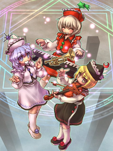 sankuma, lunasa prismriver, lyrica prismriver, merlin prismriver, touhou, 3girls, female focus, hat, instrument, keyboard, keyboard (instrument), multiple girls, siblings, sisters, trumpet, violin