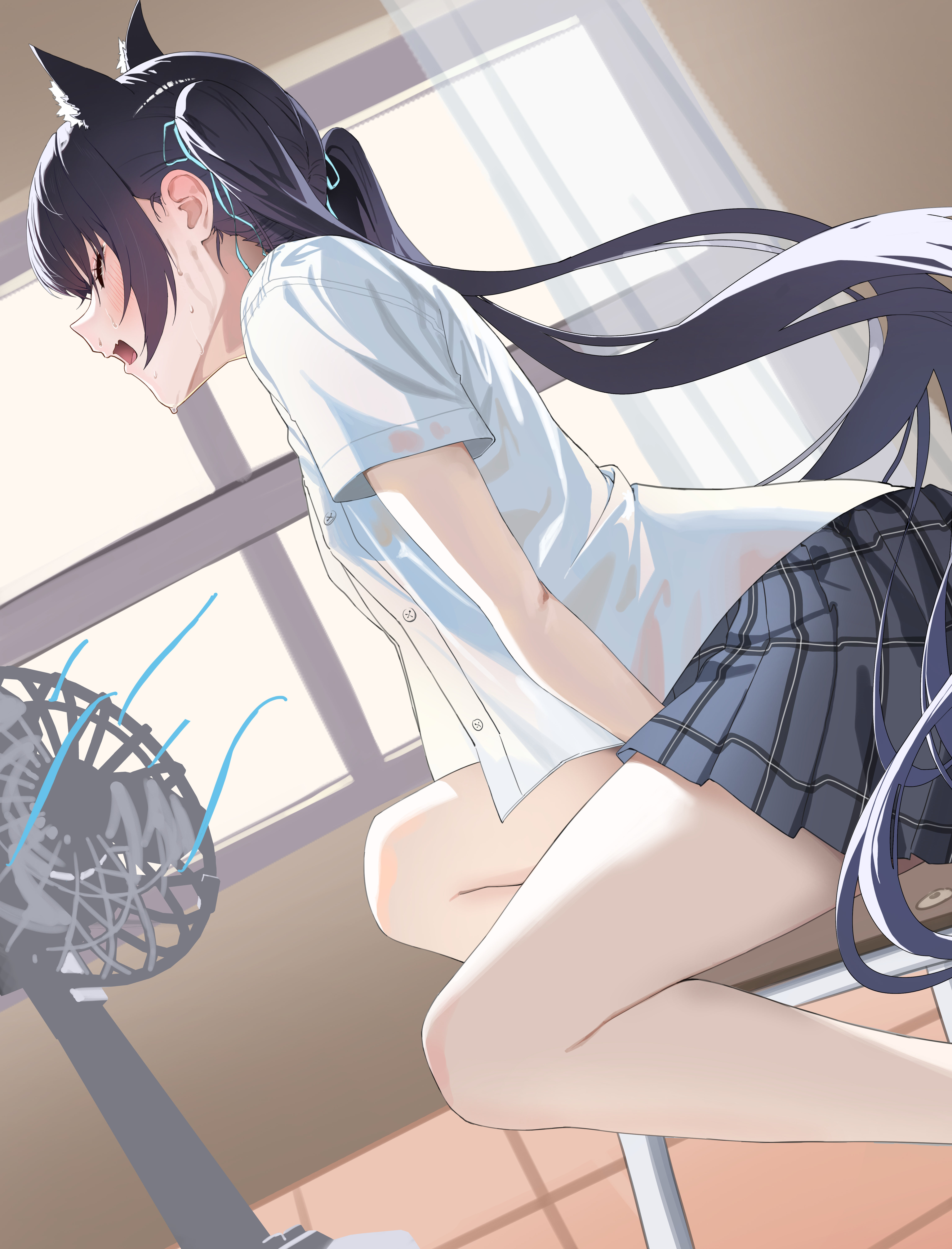 raimti, serika (blue archive), blue archive, absurdres, highres, 1girl, animal ear fluff, animal ears, black hair, black skirt, blush, cat ears, cat girl, closed eyes, electric fan, extra ears, from side, long hair, open mouth, plaid clothes, plaid skirt, pleated skirt, shirt, skirt, solo, sweat, twintails, wet, wet clothes, wet shirt, white shirt