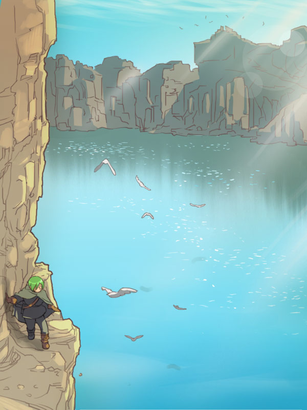 uzuinu, bad id, bad pixiv id, bird, boots, brown boots, cliff, day, green hair, holding, holding behind back, holding sword, holding sword behind back, holding weapon, holding weapon behind back, mountain, rock, solo, sword, water, weapon